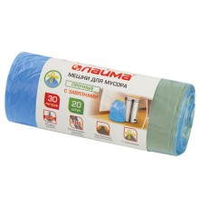 Мешки для мусора с завязками 30 л, синие, в рулоне 20 шт., прочные, ПНД 13 мкм, 50х60 см, LAIMA, 601395
