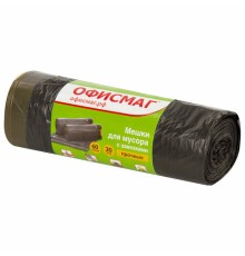 Мешки для мусора с завязками 60 л, черные, в рулоне 20 шт., прочные, ПНД 16 мкм, 60х70 см, ОФИСМАГ, 601398
