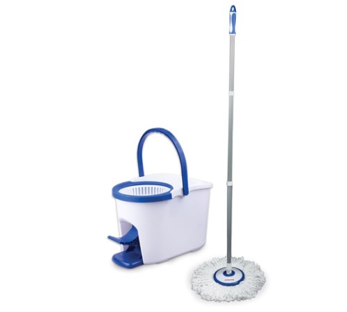 Швабра с отжимом и ведром 11л/7л, центрифуга, отжим педалью, круглая насадка липучка, бело-синий, LAIMA, 601459