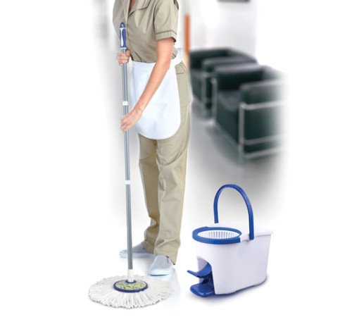 Швабра с отжимом и ведром 11л/7л, центрифуга, отжим педалью, круглая насадка липучка, бело-синий, LAIMA, 601459