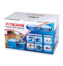 Швабра с отжимом и ведром 14л/5л, отжим центрифуга / рукоятка, 2 круглые насадки, крепление кольцо, синий, LAIMA, 601460