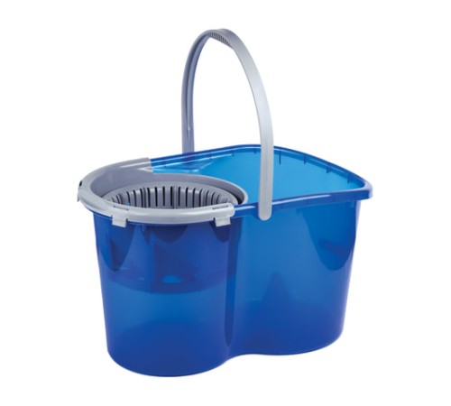 Швабра с отжимом и ведром 14л/5л, отжим центрифуга / рукоятка, 2 круглые насадки, крепление кольцо, синий, LAIMA, 601460