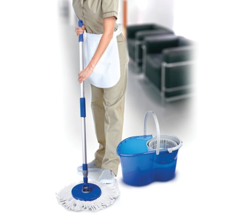 Швабра с отжимом и ведром 14л/5л, отжим центрифуга / рукоятка, 2 круглые насадки, крепление кольцо, синий, LAIMA, 601460