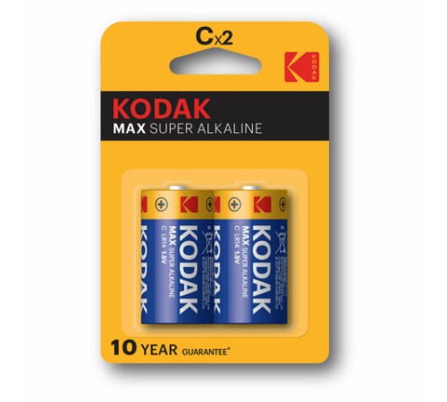 Батарейки алкалиновые КОМПЛЕКТ 2 шт., KODAK Max Super Alkaline, C (LR14, 14А), блистер, Б0005123