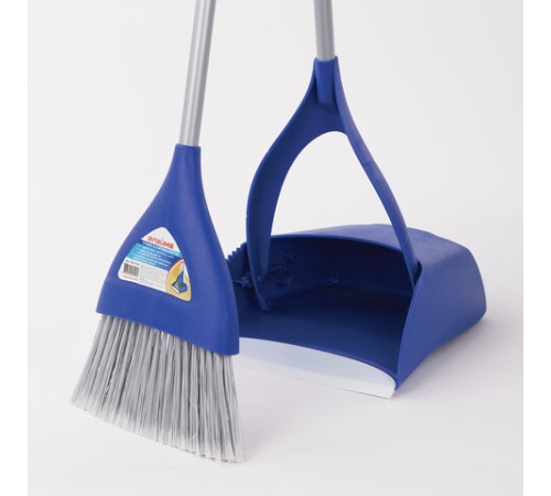 Совок для мусора + щетка, складной, металлические рукоятки 66 см, резиновая кромка, синий, LAIMA, 601474