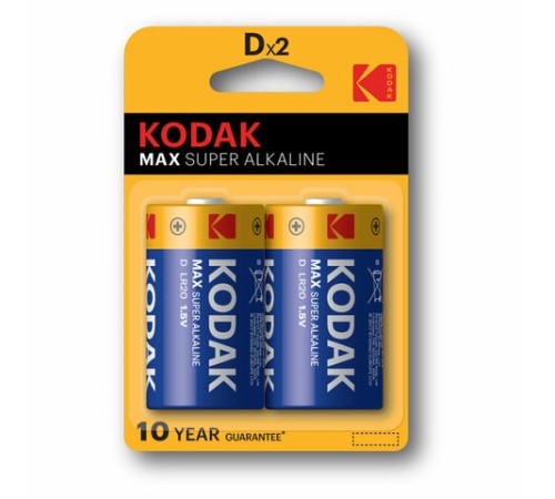 Батарейки алкалиновые КОМПЛЕКТ 2 шт., KODAK Max Super Alkaline, D (LR20, 13А), блистер, Б0005129
