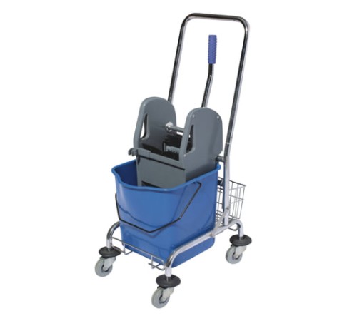 Тележка уборочная BRABIX, 1 съемное ведро 25 л, механический отжим, корзина, металлический каркас, синяя, 601498