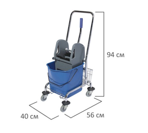 Тележка уборочная BRABIX, 1 съемное ведро 25 л, механический отжим, корзина, металлический каркас, синяя, 601498