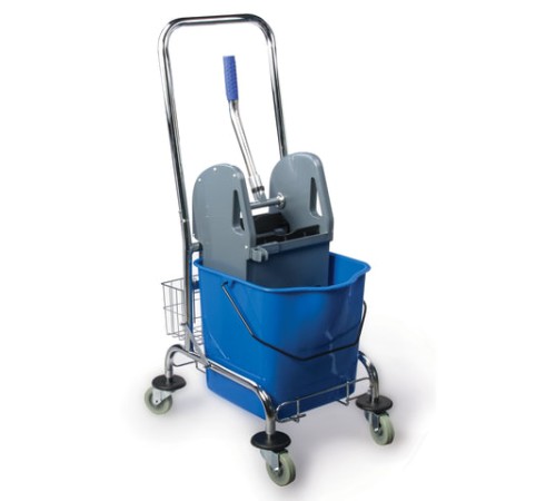 Тележка уборочная BRABIX, 1 съемное ведро 25 л, механический отжим, корзина, металлический каркас, синяя, 601498