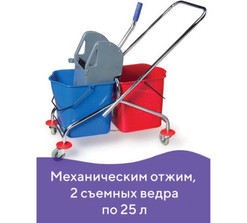 Тележка уборочная BRABIX, 2 съемных ведра 25 л, механический отжим, металлический каркас, 601499