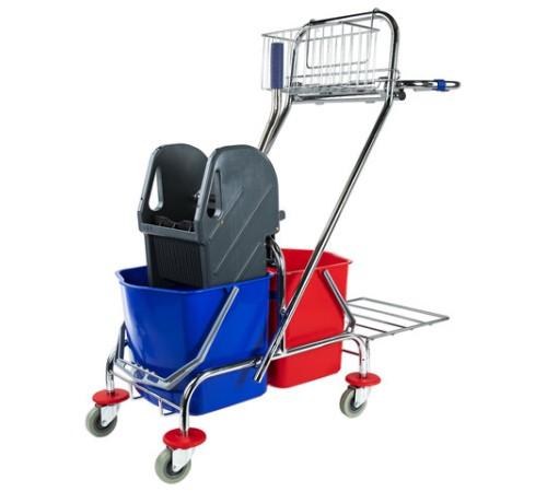 Тележка уборочная BRABIX, 2-съемных ведра по 15 л, отжим, корзина, держатель для мусорного мешка с поддерживающей платформой, 601500