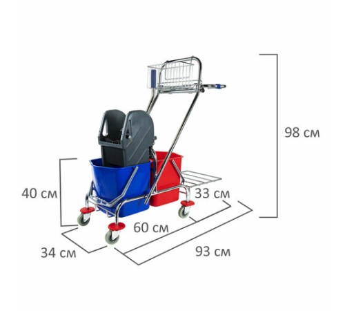 Тележка уборочная BRABIX, 2-съемных ведра по 15 л, отжим, корзина, держатель для мусорного мешка с поддерживающей платформой, 601500