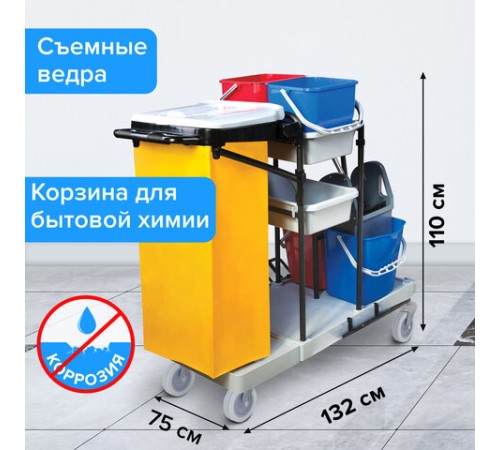 Тележка уборочная BRABIX, ведра 2х20 л, 2х11 л, механический отжим, держатель для мешка, мешок, 2 поддона, 601501