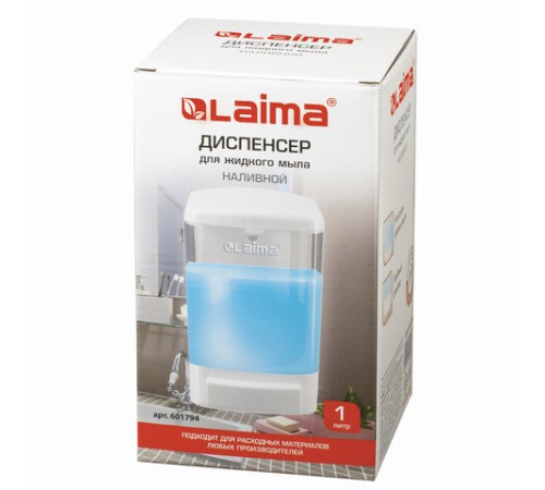 Дозатор для жидкого мыла LAIMA, НАЛИВНОЙ, 1 л, белый, ABS-пластик, 601794