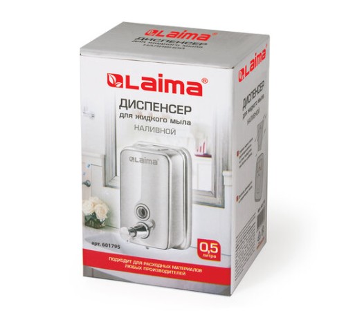 Дозатор для жидкого мыла LAIMA BASIC, 0,5 л., нержавеющая сталь, зеркальный, 601795
