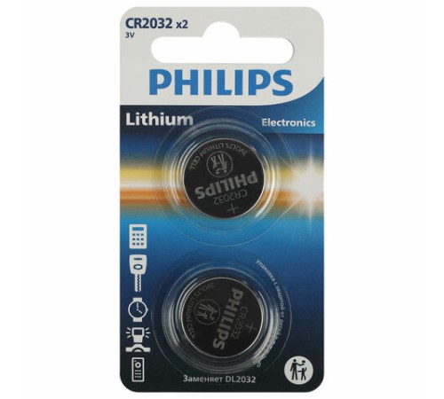 Батарейки литиевые PHILIPS Lithium CR2032 "таблетки, дисковые, кнопочные" КОМПЛЕКТ 2 шт., блистер, Б0062716 Батарейки литиевые PHILIPS Lithium CR2032 "таблетки, дисковые, кнопочные" КОМПЛЕКТ 2 шт., блистер, Б0062716