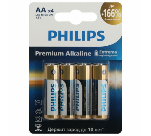 Батарейки алкалиновые "пальчиковые" КОМПЛЕКТ 4 шт., PHILIPS Premium Alkaline, АА (LR6, 24А), блистер, Б0062753 Батарейки алкалиновые "пальчиковые" КОМПЛЕКТ 4 шт., PHILIPS Premium Alkaline, АА (LR6, 24А), блистер, Б0062753
