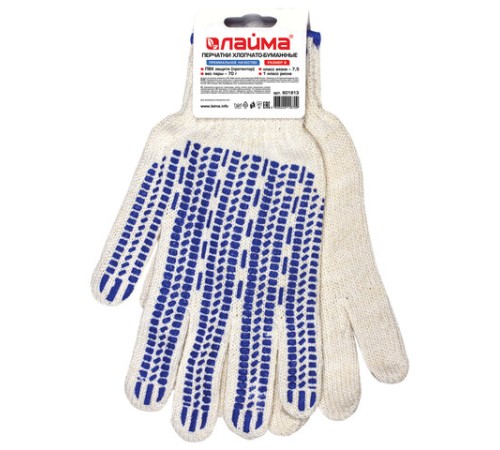 Перчатки хлопчатобумажные, 1 ПАРА, 7 класс, 70 г, 233 текс, ПВХ протектор, LAIMA ПРЕМИУМ, европодвес, БЕЛЫЕ, 601913