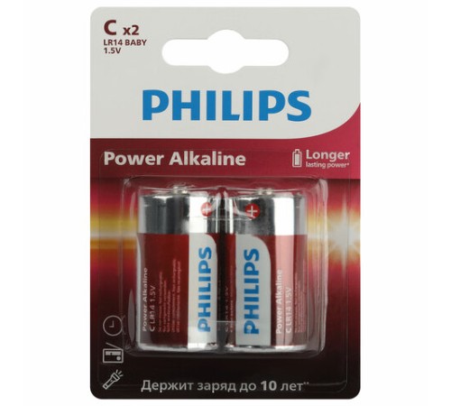 Батарейки алкалиновые КОМПЛЕКТ 2 шт., PHILIPS Power Alkaline, C (LR14, 14А), блистер, Б0062687 Батарейки алкалиновые КОМПЛЕКТ 2 шт., PHILIPS Power Alkaline, C (LR14, 14А), блистер, Б0062687