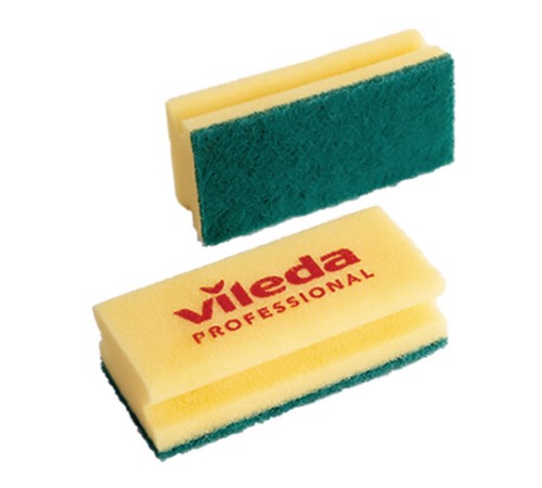 Губки хозяйственные 15х7х4,5 см, КОМПЛЕКТ 10 шт., для любых поверхностей, желтые, зеленый абразив, VILEDA, 101397