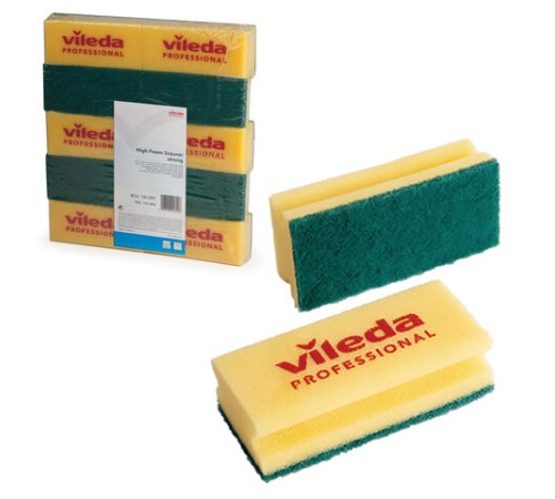 Губки хозяйственные 15х7х4,5 см, КОМПЛЕКТ 10 шт., для любых поверхностей, желтые, зеленый абразив, VILEDA, 101397
