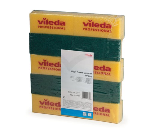 Губки хозяйственные 15х7х4,5 см, КОМПЛЕКТ 10 шт., для любых поверхностей, желтые, зеленый абразив, VILEDA, 101397