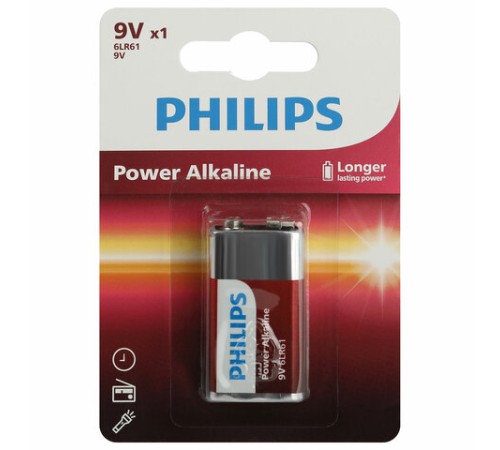 Батарейка алкалиновая 1 шт. PHILIPS Power Alkaline, Крона 9V (6LR61, 6LF22, 1604A), блистер, Б0062717 Батарейка алкалиновая 1 шт. PHILIPS Power Alkaline, Крона 9V (6LR61, 6LF22, 1604A), блистер, Б0062717