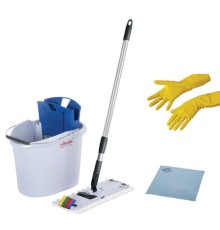 Швабра с отжимом и ведром 10л/7л, туннельный плоский отжим, в комплекте салфетки + перчатки, СпидМини, голубой, VILEDA, 161099