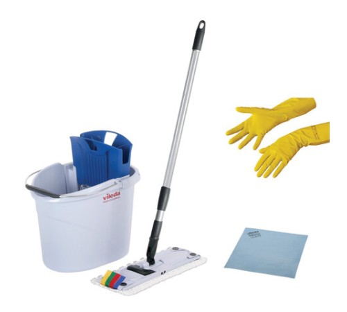Швабра с отжимом и ведром 10л/7л, туннельный плоский отжим, в комплекте салфетки + перчатки, СпидМини, голубой, VILEDA, 161099