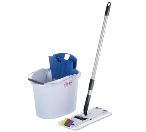 Швабра с отжимом и ведром 10л/7л, туннельный плоский отжим, в комплекте салфетки + перчатки, СпидМини, голубой, VILEDA, 161099