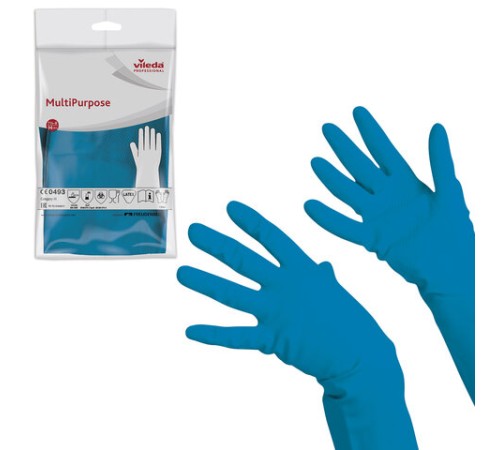 Перчатки МНОГОРАЗОВЫЕ резиновые VILEDA многоцелевые, хлопчатобумажное напыление, ПРОЧНЫЕ, размер 7,5-8, M (средний), синие, вес 63 г, 174353