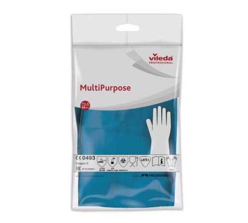 Перчатки МНОГОРАЗОВЫЕ резиновые VILEDA многоцелевые, хлопчатобумажное напыление, ПРОЧНЫЕ, размер 7,5-8, M (средний), синие, вес 63 г, 174353