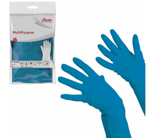 Перчатки МНОГОРАЗОВЫЕ резиновые VILEDA многоцелевые, хлопчатобумажное напыление, ПРОЧНЫЕ, размер 8,5-9, L (большой), синие, вес 66 г, 174355