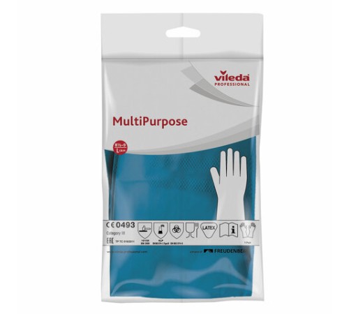Перчатки МНОГОРАЗОВЫЕ резиновые VILEDA многоцелевые, хлопчатобумажное напыление, ПРОЧНЫЕ, размер 8,5-9, L (большой), синие, вес 66 г, 174355