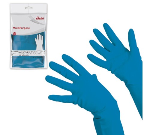 Перчатки МНОГОРАЗОВЫЕ резиновые VILEDA многоцелевые, х/б напыление, ПРОЧНЫЕ, размер 9,5-10, XL (очень большой), синие, вес 72 г, 174357