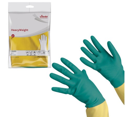 Перчатки МНОГОРАЗОВЫЕ латексные VILEDA, х/б напыление, СВЕРХПРОЧНЫЕ (неопрен), размер 7,5-8, M (средний), зелено-желтые, вес 120 г, 174305