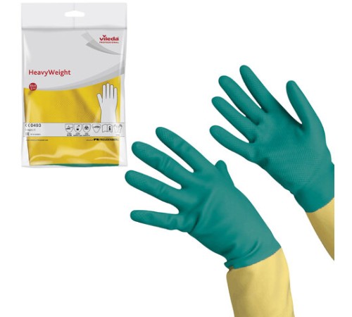 Перчатки МНОГОРАЗОВЫЕ латексные VILEDA, х/б напыление, СВЕРХПРОЧНЫЕ (неопрен), размер 8,5-9, L (большой), зелено-желтые, вес 125 г, 174307