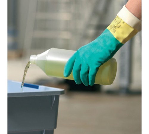 Перчатки МНОГОРАЗОВЫЕ латексные VILEDA, х/б напыление, СВЕРХПРОЧНЫЕ (неопрен), размер 8,5-9, L (большой), зелено-желтые, вес 125 г, 174307