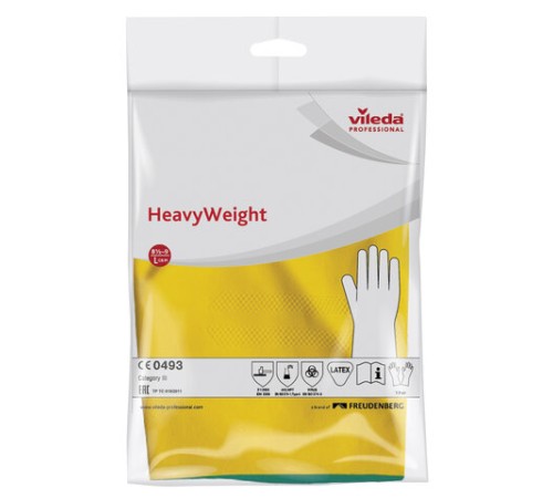 Перчатки МНОГОРАЗОВЫЕ латексные VILEDA, х/б напыление, СВЕРХПРОЧНЫЕ (неопрен), размер 8,5-9, L (большой), зелено-желтые, вес 125 г, 174307