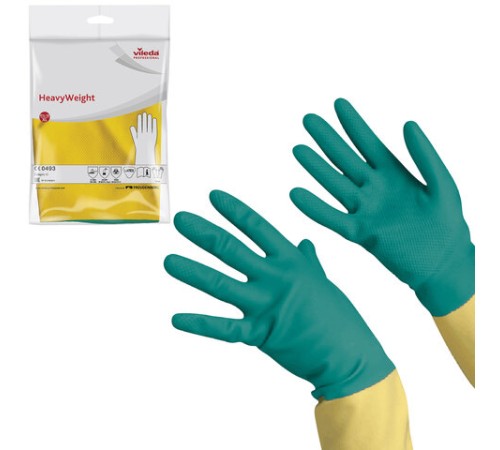Перчатки МНОГОРАЗОВЫЕ латексные VILEDA, х/б напыление, СВЕРХПРОЧНЫЕ (неопрен), размер 9,5-10, XL (оч большой), зелено-желтые, 130 г, 174309