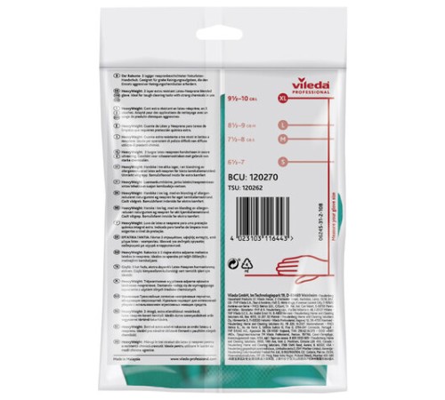 Перчатки МНОГОРАЗОВЫЕ латексные VILEDA, х/б напыление, СВЕРХПРОЧНЫЕ (неопрен), размер 9,5-10, XL (оч большой), зелено-желтые, 130 г, 174309