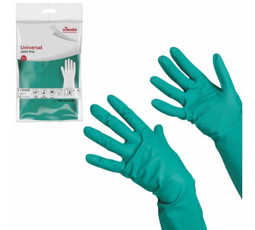 Перчатки МНОГОРАЗОВЫЕ нитриловые VILEDA универсальные, антиаллергенные, размер 8,5-9, L (большой), зеленые, вес 66 г, 174383