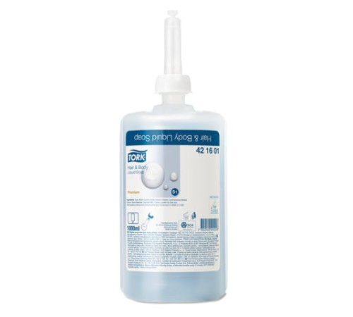 Картридж с жидким мылом-гелем для тела и волос одноразовый TORK (Система S1) Premium, 1 л, 421601, 420601