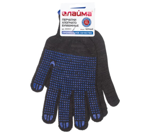 Перчатки хлопчатобумажные, 1 ПАРА, 7 класс, 70 г, 233 текс, ПВХ точка, LAIMA ПРЕМИУМ, европодвес, ЧЕРНЫЕ, 603581