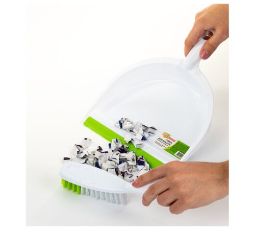 Совок для мусора + щетка, пластик, резиновая кромка, зелено-белый, ЛЮБАША, 603615