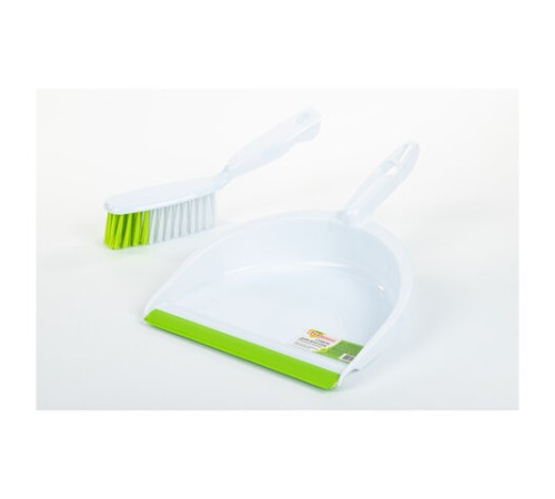 Совок для мусора + щетка, пластик, резиновая кромка, зелено-белый, ЛЮБАША, 603615