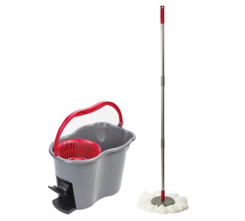 Швабра с отжимом и ведром 14л/7л, центрифуга отжим педалью, 2 круглые насадки, крепление кольцо, серо-красный, LAIMA, 603622