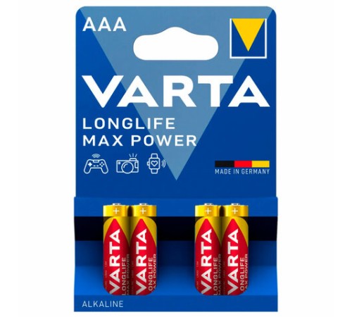 Батарейки алкалиновые "мизинчиковые" КОМПЛЕКТ 4 шт., VARTA LONGLIFE MAX POWER, ААА (LR03,15А), блистер, 4703101404 Батарейки алкалиновые "мизинчиковые" КОМПЛЕКТ 4 шт., VARTA LONGLIFE MAX POWER, ААА (LR03,15А), блистер, 4703101404