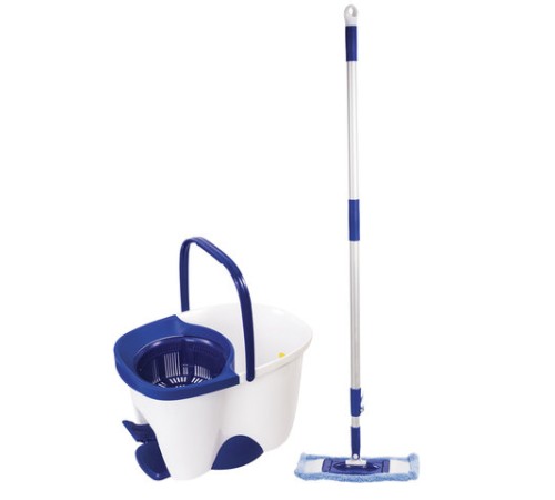 Швабра с отжимом и ведром 18л/8л, центрифуга, отжим педалью, 2 флаундера/насадки круглый и прямоугольный, бело-синий, LAIMA 603625