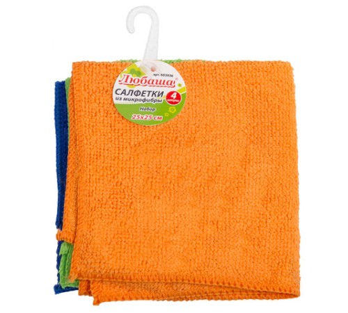 Салфетки из МИКРОФИБРЫ 25х25 см, КОМПЛЕКТ 4 шт. (2 стандарт, 2 клетка), 180 г/м2, ЛЮБАША, 603936